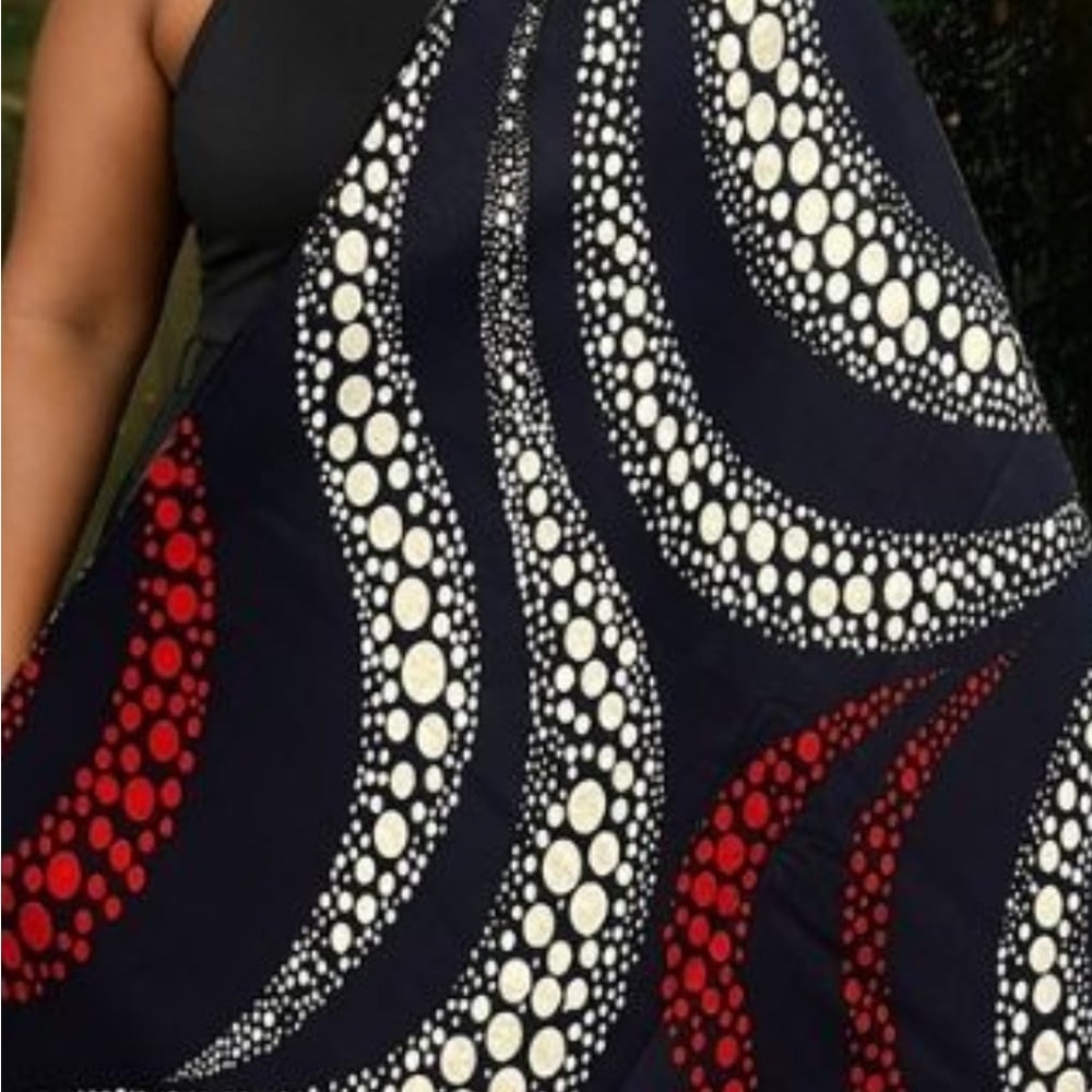 Bold Navy Dress with Red & White Dot Swirl